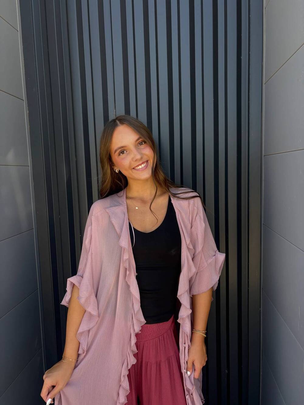 NEW BLUIVY sheer ruffled blush kimono cardigan in dusty pink